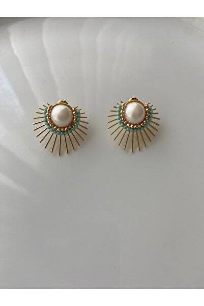 Anetta Jewelry Kadın altın renk incili yeşil kristal Çelik yelpaze küpe(3 cm)