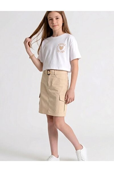 Dmb Girl's Heart Back Print T-Shirt and Krgo Pocket Belted Gabardine Skirt Tw...