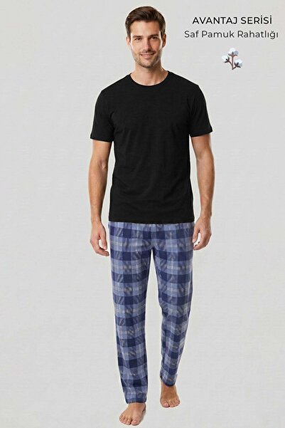 Aytuğ&Mısırlı Mısırlı Erkek Pamuk Ekoseli Alt Pijama Mavi