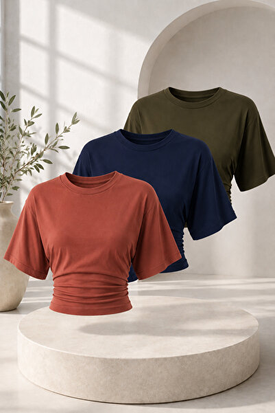 COMBİNE MİCHAİL Women's Casual Bat Sleeve 3-Piece Tight Crop Blouse