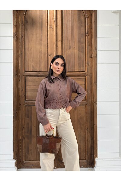 Myra Fashion Fisto Nakış Detaylı Crop Gömlek Uzun Kol Bluz Kadın Trend Modern...
