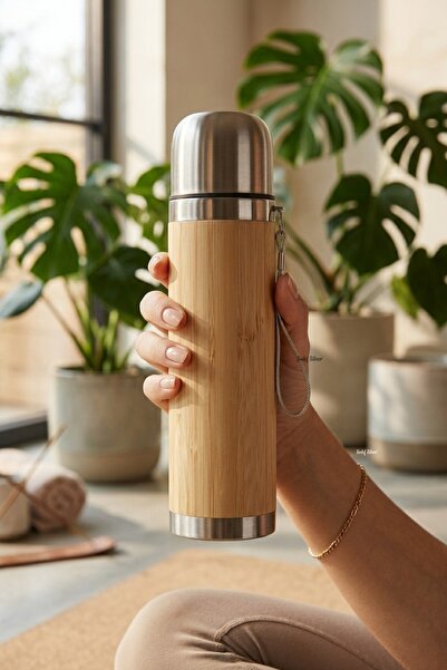 SEDEF SİLVER Leak-Proof Bamboo Steel Thermos 420 ml - Heat Insulated Flask wi...