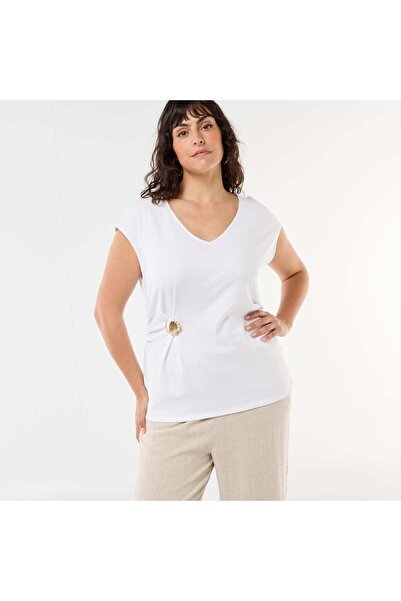 KIABI Draped T-shirt with Gold Brooch Detail WHITE