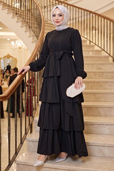 hafsamina Elastic Waist Tied Layered Modal Dress Black Hm2915