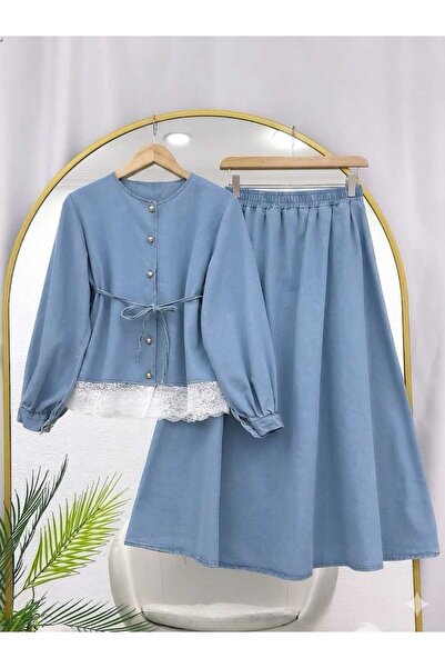MODA VEDAT Women's Lace Detailed Skirted Denim Suit -0750