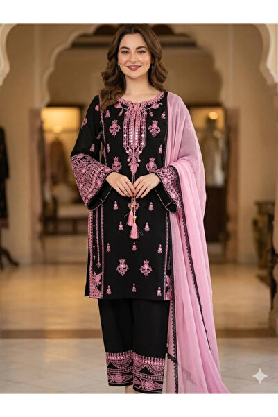 MYSMAR Black & Blush Pink Embroidered Rayon Suit Set - HRT8326 | Black