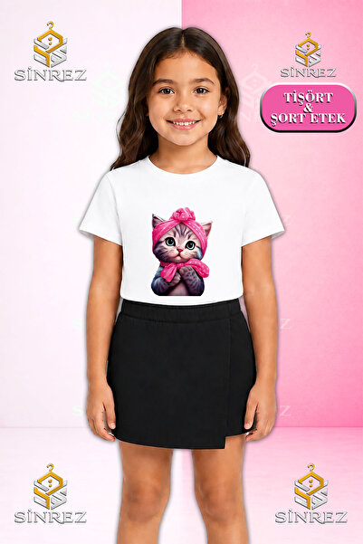SİNREZ Set pentru fete SEKER KEDI YARIM PEMBE KRDL Tricou cu mânecă scurtă im...