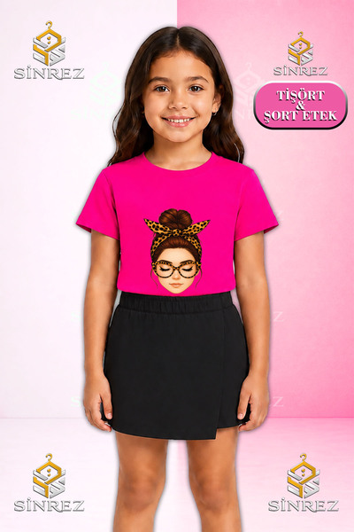 SİNREZ Girl's Set Girls' Full Face with Ribbons Printed Short Sleeve T-Shirt ...