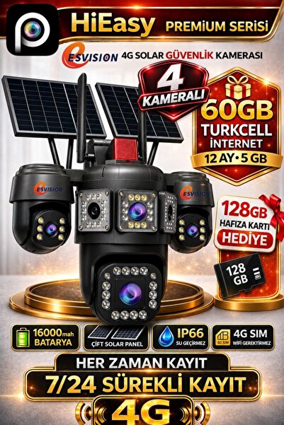 Esvision 7021 128GB 4 Lensli 4G Çift Solar Panel AOV Gece Görüş Akıllı Kamera...