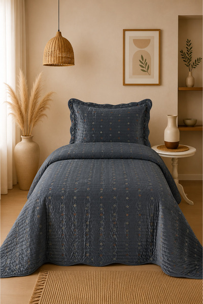Bikaya Home Liora Single Velvet Embroidered Bedspread |   180X240 cm |   Soft...