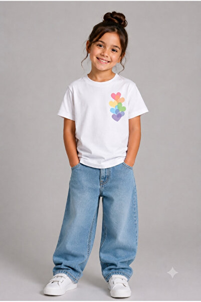 Lizbon Style Rainbow Heart Printed Girls' T-Shirt Short Sleeve Cotton White T...