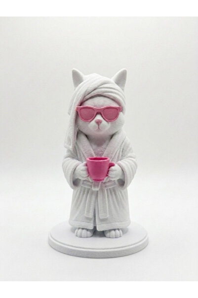 MAKERBOM3D Bornozlu Kahve Keyfi Yapan Kedi Figürü - Gözlüklü Sevimli Kedi Bib...