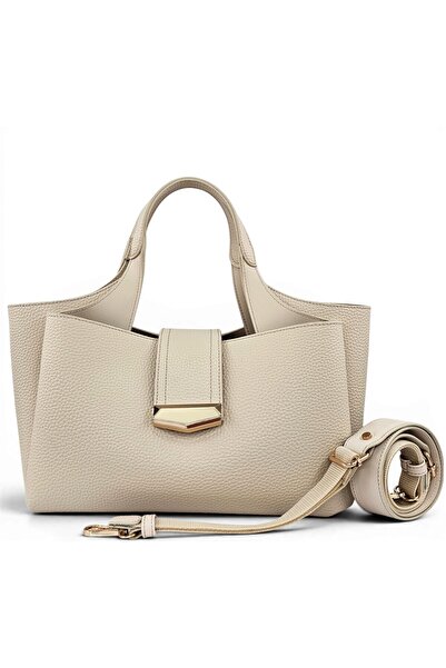 Evident Cream Lock Detailed Soft Textured Multi-Compartment Women's Handbag a...