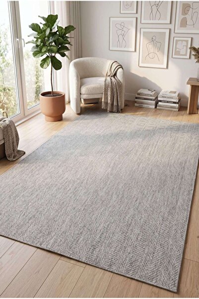 Foldy Luma Hasır Dokuma Gri Renkli Kaymaz Tabanlı Sisal Kilim Yıkanabilir Hal...