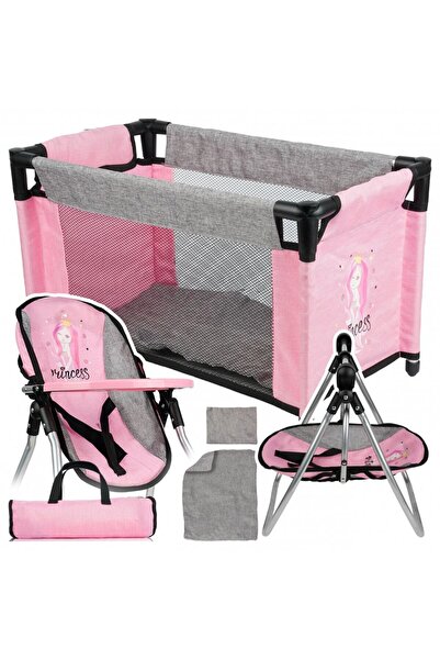MalPlay Set ingrijire pentru papusi Princess PinkGrey, cu patut pliabil de ca...