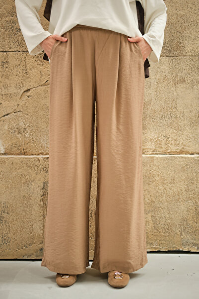 LOCCO Women's High Waist Wide Palazzo Trousers Sand Beige