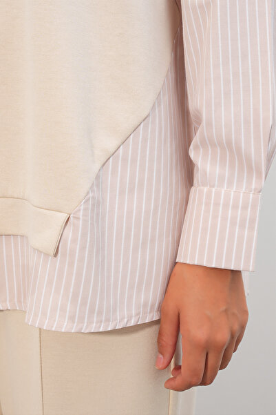 buğrahayalin Women's Round Neck Striped Beige Set