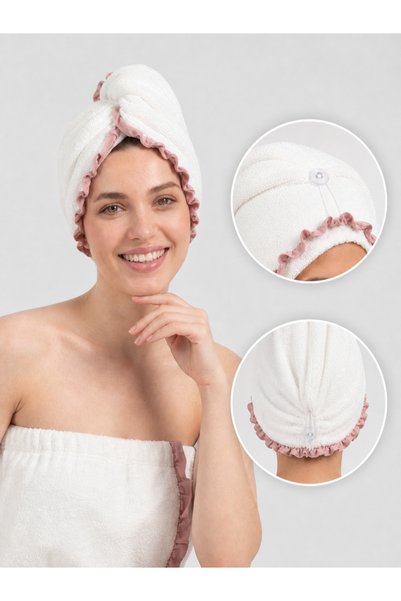 Türkühome Women's Cotton Bath and Sauna Set – Ruffle Detailed Towel and Hair Cap