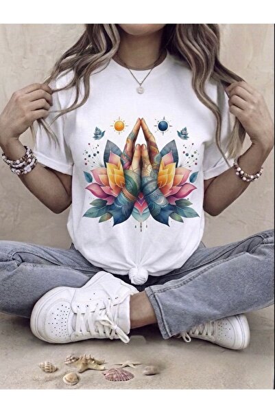 SİBELİZE Lotus and Praying Hand Printed Compact T-Shirt