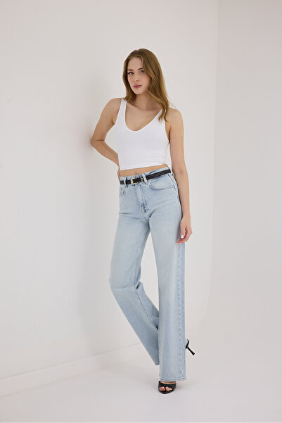 cracpot Kadın Mavi Kar Yıkama Wide Leg Jean Pantolon – Yüksek Bel Comfort Fit Bol Paça Esnek Denim