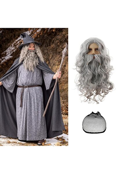 Pwsap 3 Pack Grey Long Wigs for Men with Wig Cap and Beard Synthetic Hair Lay...