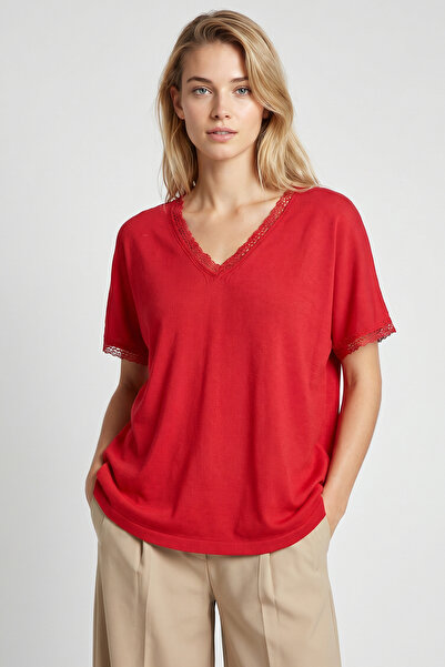 Lovelyİstanbul Lace Oversize Seasonal Knitwear Blouse Lyy0145 Red