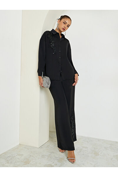 Styli Black Sequin Embellished Shirt and Trousers Co-Ords