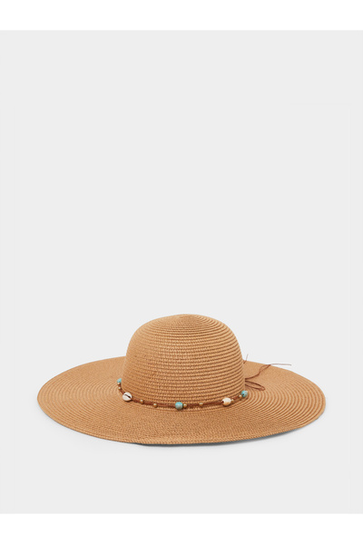 Styli Khaki Straw Sun Hat with Pearl Embellishments