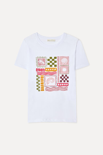 Mudo Women's White Printed Crew Neck T-Shirt