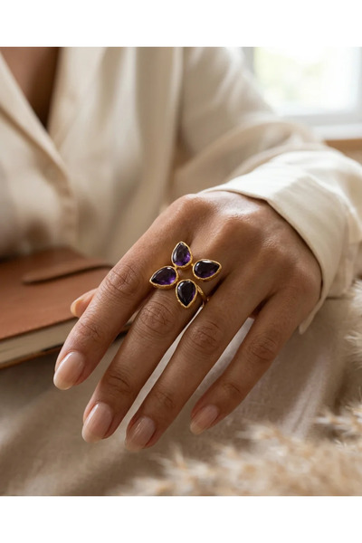 Dorvina Natural Stone Women's Ring Authentic Jewelry 316L Gold Amethyst Stone...