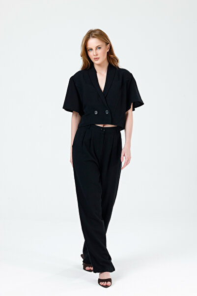 ONE WEAR Women's Black Linen Summer Top and Bottom Set