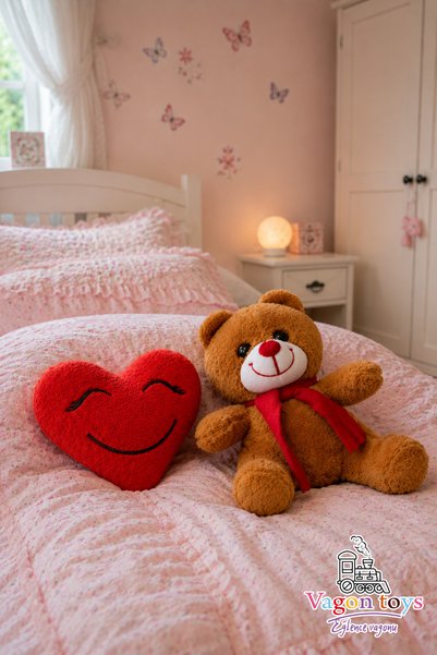 vagontoys Red Heart and Teddy Bear Plush Toy Set of Two Sleeping Companions – 20 cm & 25 cm Soft Washable Gift for Loved Ones