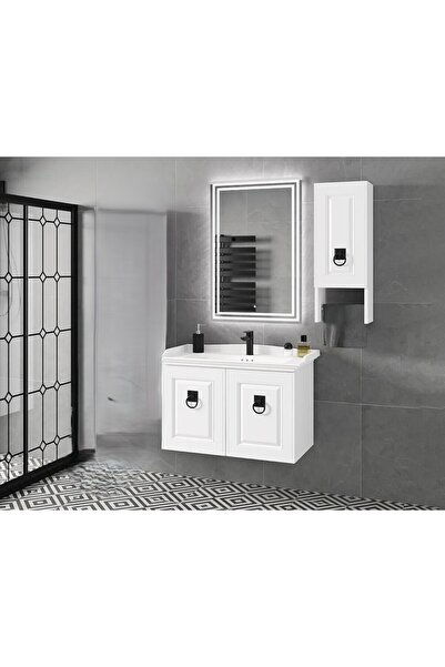 ROSEART BANYO ALİZE BEYAZ 80CM MİNİ DOLAPLI BANYO DOLABI SETİ LED AYNA+ALT MO...