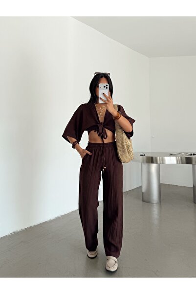 myd Lace-up muslin pants - coffee