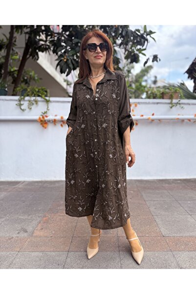 DenizEge Italian Embossed Embroidered Long Dress Brown