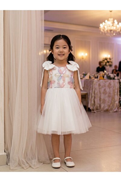 Cherrys Bebek Bow Detailed Floral Patterned Tulle Girls Evening Dress