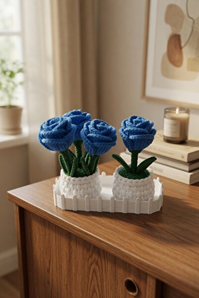 MYCRAFT3D Örgü Dokulu Gül Saksı ve Çit Standlı Set – Çiçekli Dekoratif Biblo,...