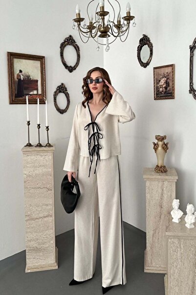 Elbee Fashion Woman Beige Bow Linen Set