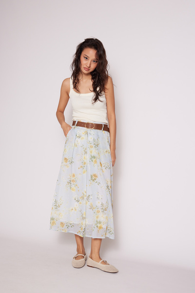 Nisan Floral Patterned Belted Skirt Blue