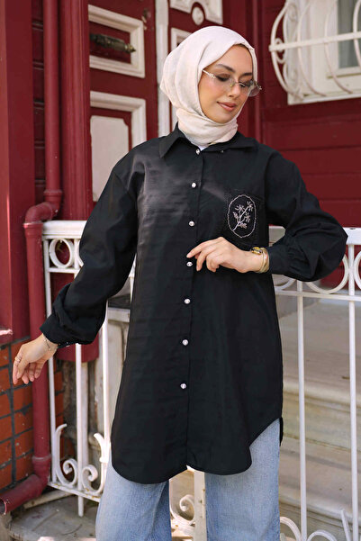 İmajButik Black Buttoned Modal Shirt with Stone Detail