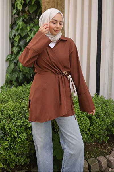 İmajButik Smeđi kimono sa vezanjem spreda i detaljima bronha
