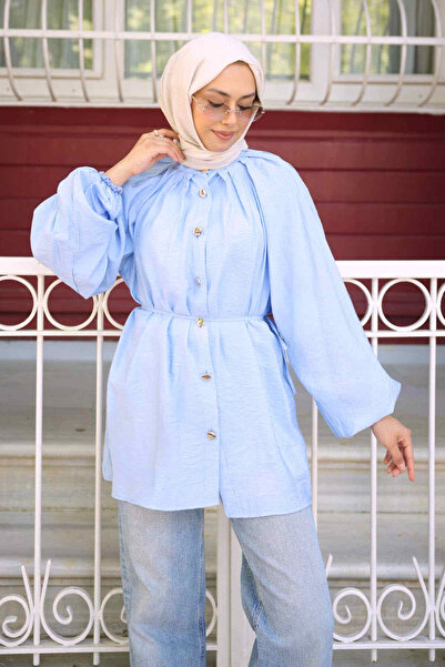 İmajButik Baby Blue Collared Pleated Waist Tie Shirt