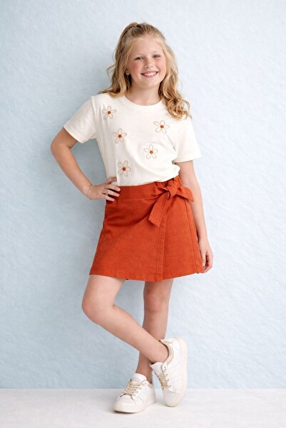 aura7 collection Girls' Orange Shorts Skirt Set with Embroidered Flowers and ...