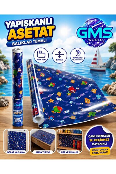 GMS WORLD BALIKLAR TEMALI YAPIŞKANLI RULO ASETAT / ÜRÜN ÖLÇÜLERİ 45cm X 2m X ...