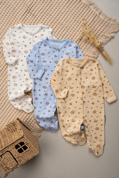 Mielco %100 Pamuk Unisex Bebek 3'lü Patiksiz Tulum Seti Winter Desenli