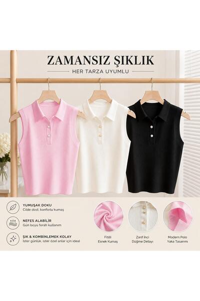 Polo Yaka Klasik Triko Kadın Şık T-Shirt