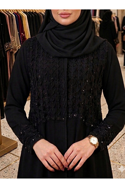 NOUR عباية قماش كوبرا كوري تخريم ورق كرستال كبس أمام وكم