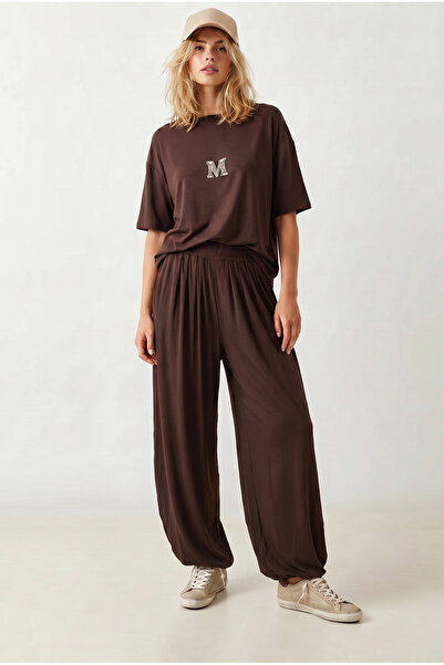 Olalook Women's Brown m Detailed Blouse Shalwar Trousers Viscose Set Tkm-1900...