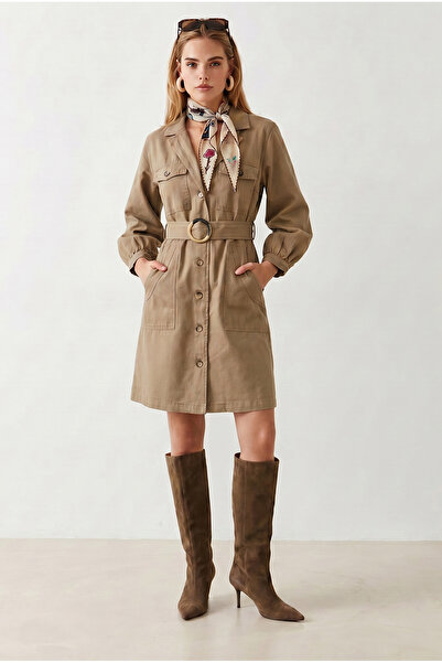 Olalook Women's Camel Pocket Belted Gabardine Shirt Dress Elb-19002569