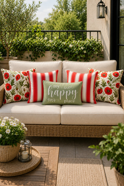 HOMESSA Poppy Flowered Red Striped 5-Piece Throw Pillow Cover Set